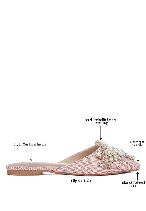Blush pearl mules with slip-on style, cushioned insole, and closed pointed toe