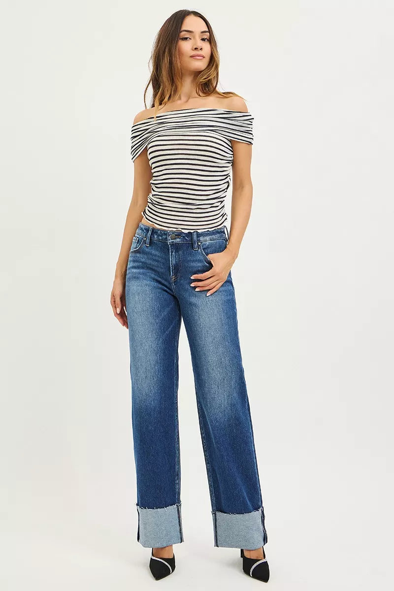 RISEN Mid Rise Wide Straight Jeans With Wide Cuff - Tigbul's Variety Fashion Shop