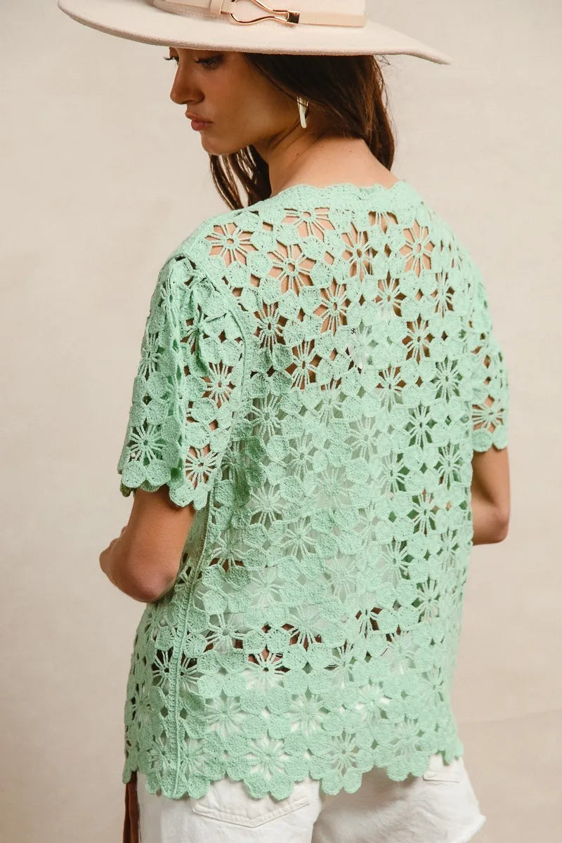 BiBi Openwork Crochet Short Sleeve Knit Top - Tigbul's Variety Fashion Shop