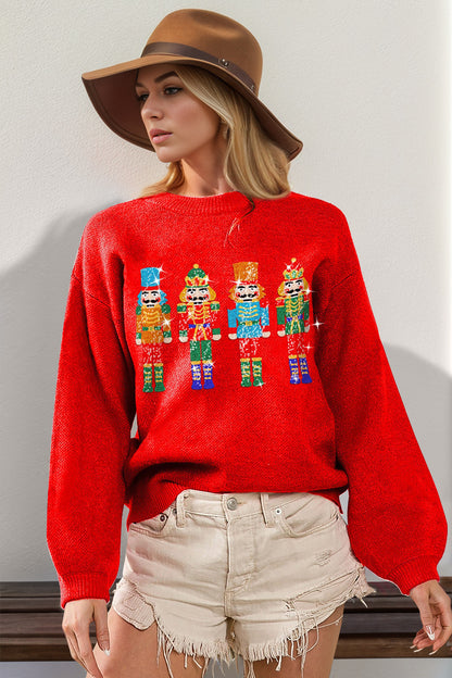 Double Take Full Size Sequin Nutcracker Long Sleeve Sweater - Tigbul's Variety Fashion Shop