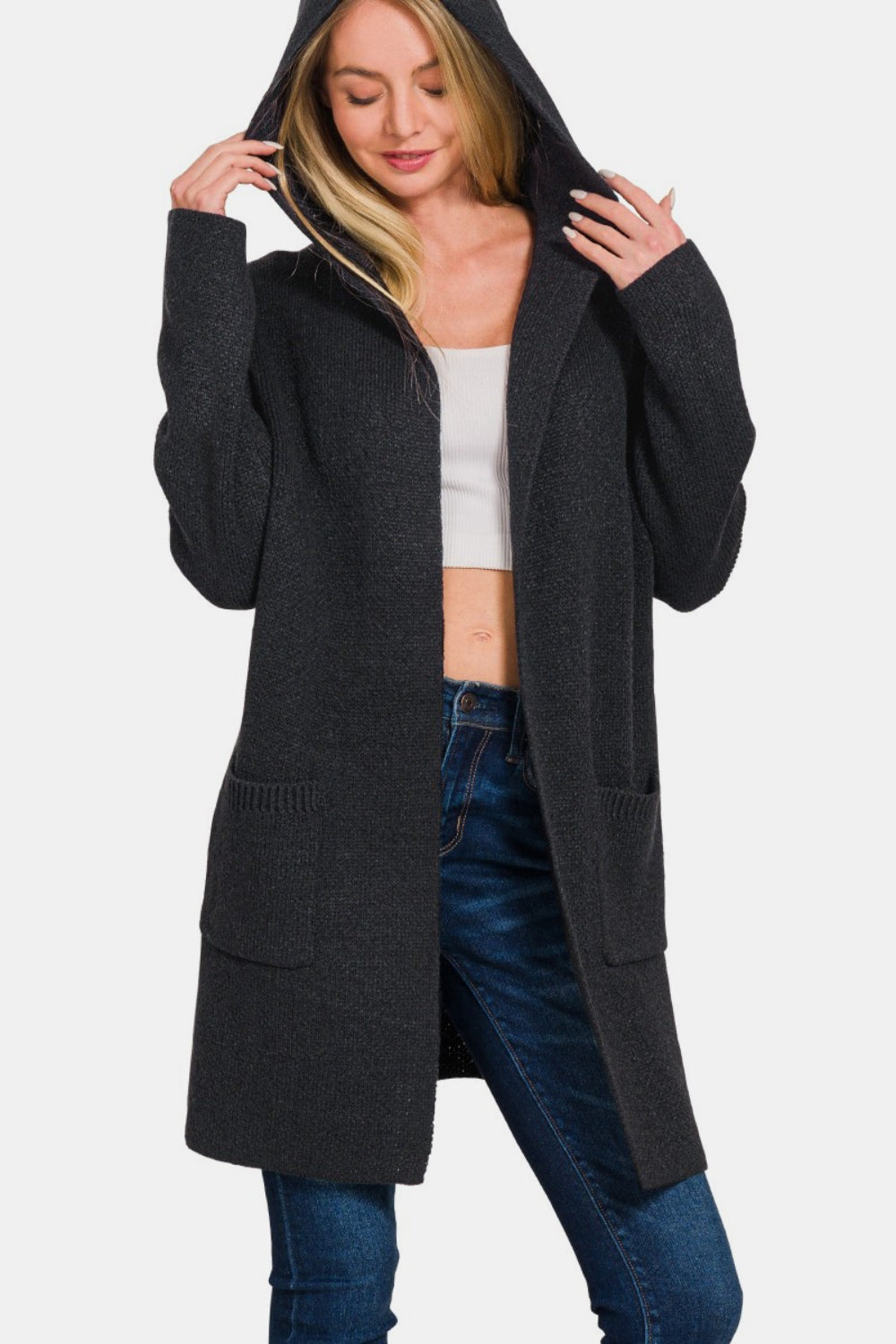 Zenana Hooded Open Front Sweater Cardigan - Tigbul's Variety Fashion Shop