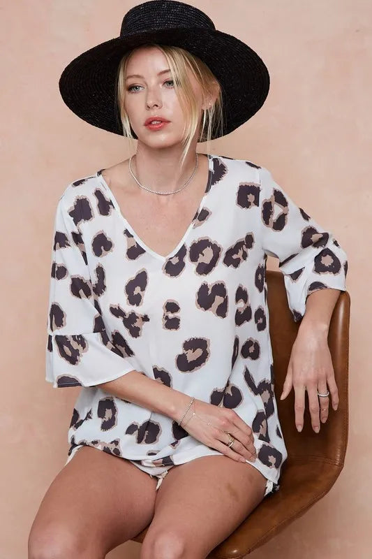BiBi Leopard Printed V Neck Woven Top with Ruffled - Tigbul's Variety Fashion Shop
