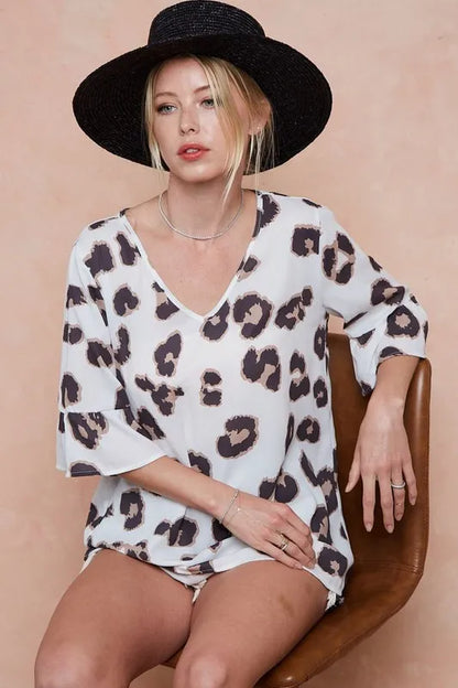 BiBi Leopard Printed V Neck Woven Top with Ruffled - Tigbul's Variety Fashion Shop