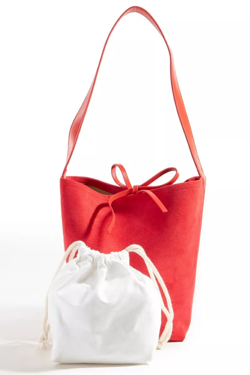 Bucket Pouch Faux Suede Medium Red Tote Bag - Tigbuls