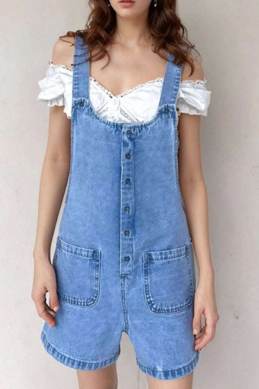 Button Front Denim Overall Shorts with Front Pockets - Tigbul's Variety Fashion Shop