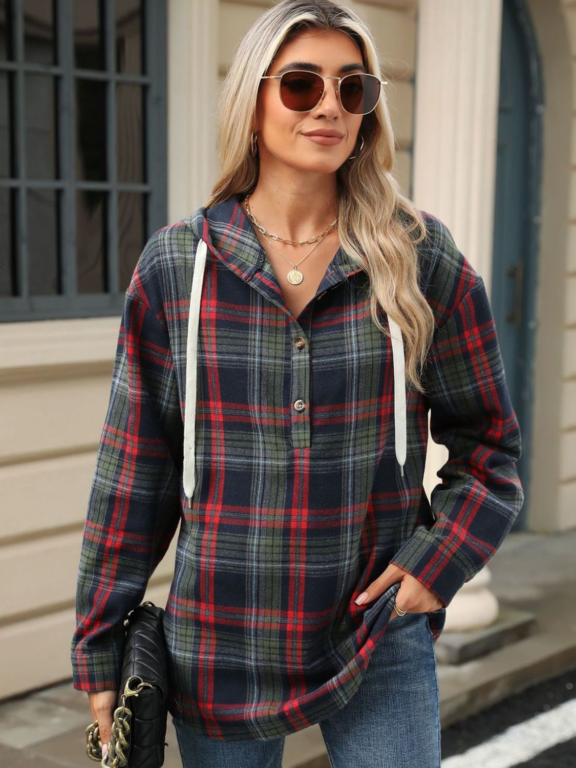 Drawstring Plaid Hooded Long Sleeve Top - Tigbul's Variety Fashion Shop