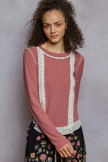 POL Contrast Round Neck Long Sleeve Ribbed Top with Eyelet Patch - Tigbul's Variety Fashion Shop