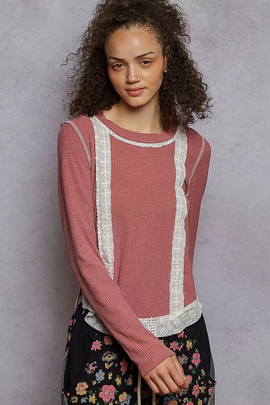 POL Contrast Round Neck Long Sleeve Ribbed Top with Eyelet Patch - Tigbul's Variety Fashion Shop
