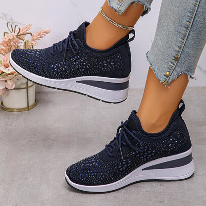 Breathable Mesh Rhinestone Wedge Athletic Sneakers - Tigbul's Variety Fashion Shop
