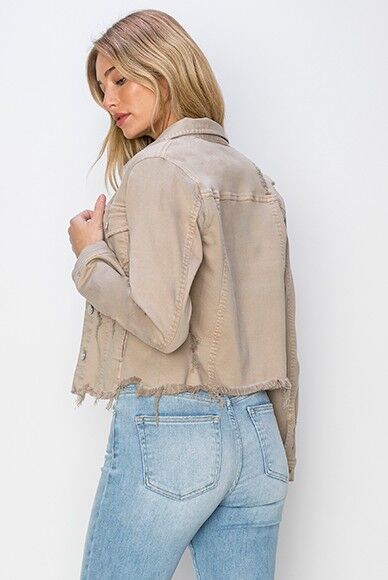 Khaki Raw Hem Button Up Cropped Denim Jacket | Tigbuls