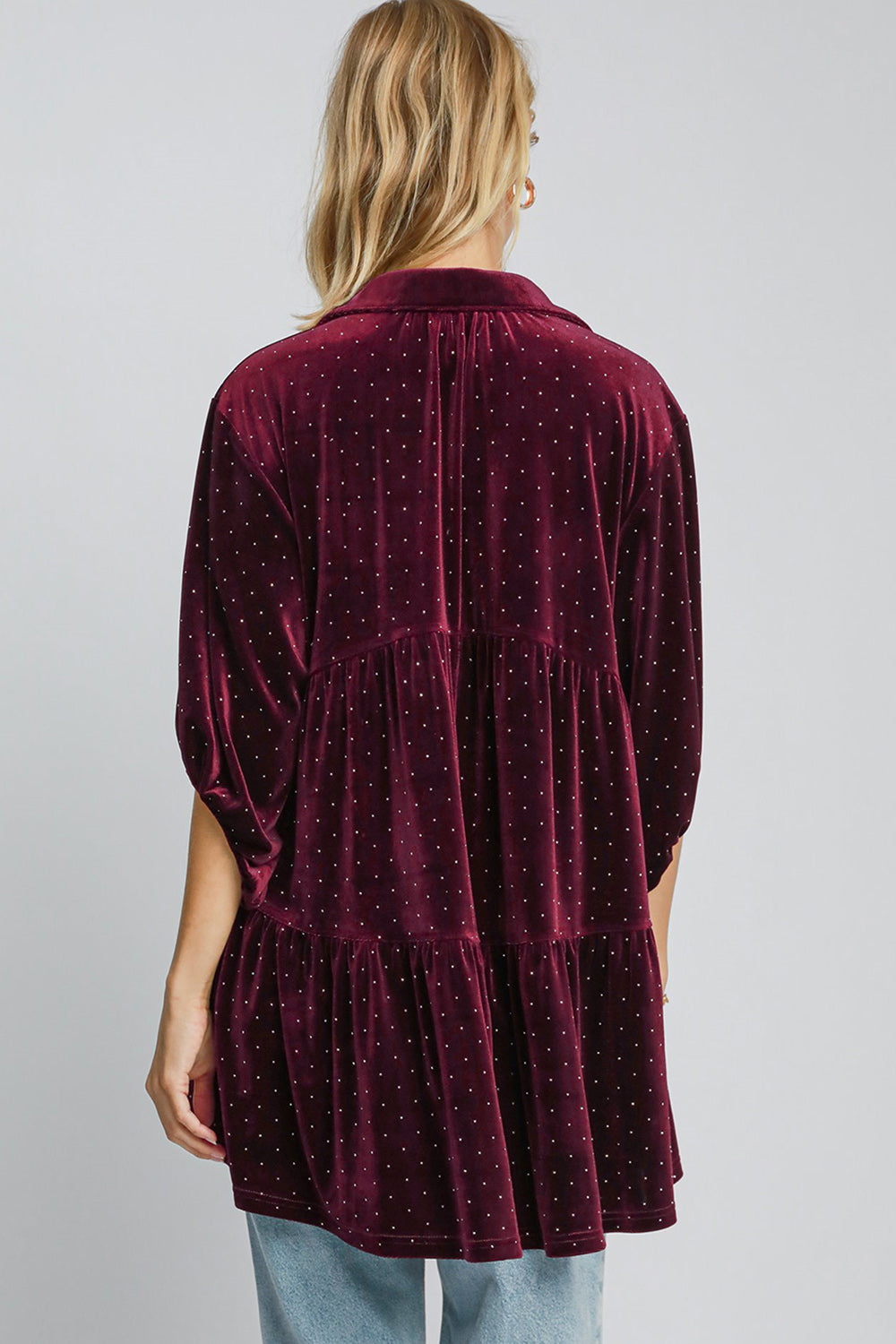 Burgundy Polka Dot Button Up Half Sleeve Shirt - Tigbul's Variety Fashion Shop