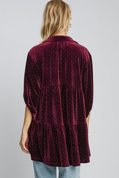 Burgundy Polka Dot Button Up Half Sleeve Shirt - Tigbul's Variety Fashion Shop