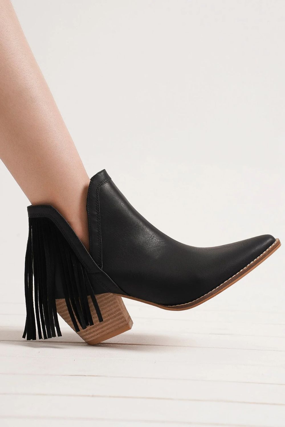 Black Fringe Side V-Cut Ankle Booties | Tigbuls Variety