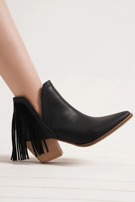 Black Fringe Side V-Cut Ankle Booties | Tigbuls Variety