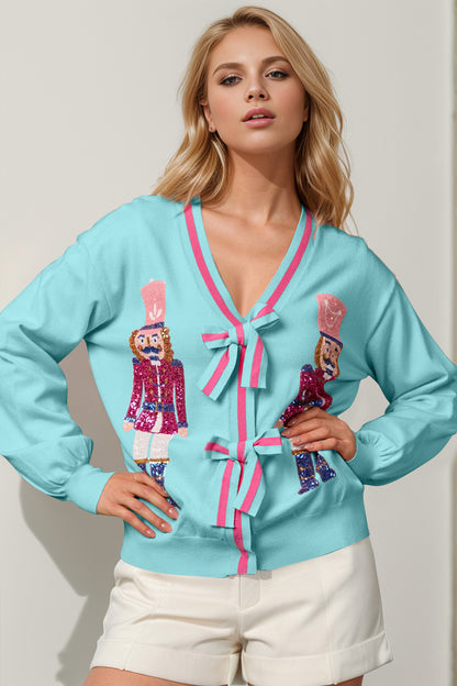 Nutcracker Sequin Bow Decor Cardigan - Tigbul's Variety Fashion Shop