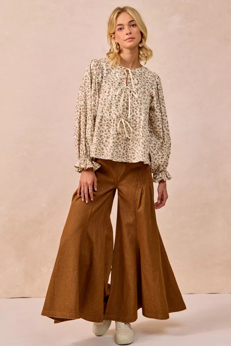 BiBi Floral Printed Peplum Blouse with Shirring and Tied - Tigbul's Variety Fashion Shop