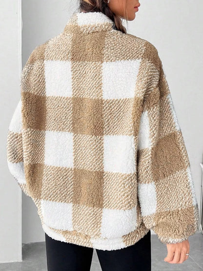 Full Size Plaid Sherpa Long Sleeve Sweatshirt Plus Size - Tigbul's Variety Fashion Shop