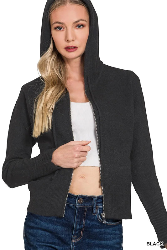 Zenana Drawstring Zip Up Hooded Cardigan - Tigbul's Variety Fashion Shop