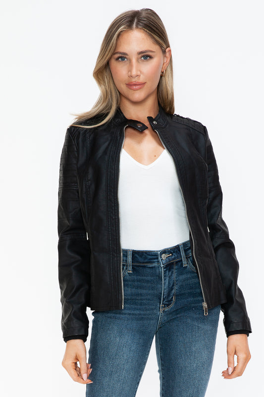 Black PU Leather Biker Jacket with Side Zip Pockets