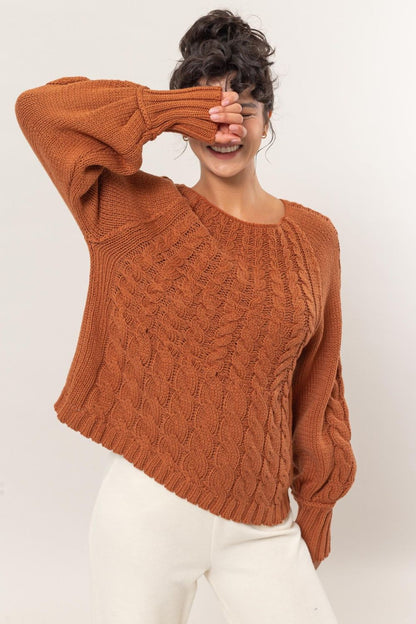 HYFVE Cable-Knit Round Neck Raglan Sleeve Sweater - Tigbul's Variety Fashion Shop