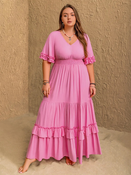 Plus Size V-Neck Half Sleeve Pink Maxi Dress - Tigbul's Variety Fashion Shop