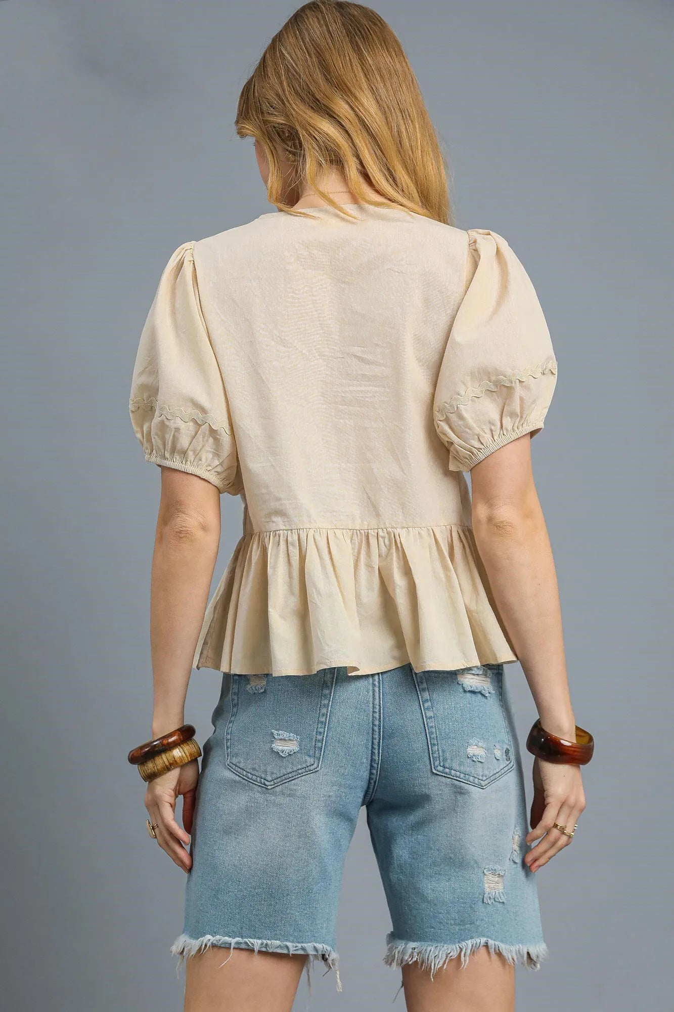 Umgee Tie Front Puff Sleeve Blouse - Tigbul's Variety Fashion Shop