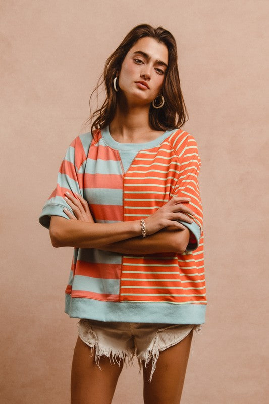 BiBi Striped Round Neck Half Sleeve French Terry Top