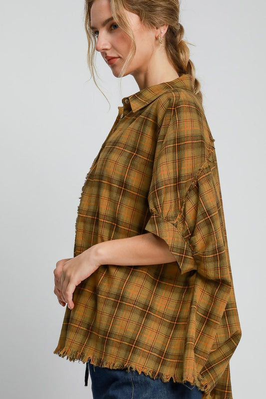 Umgee Full Size Raw Hem Plaid Collared Neck Half Sleeve Shirt Plus Size - Tigbul's Variety Fashion Shop