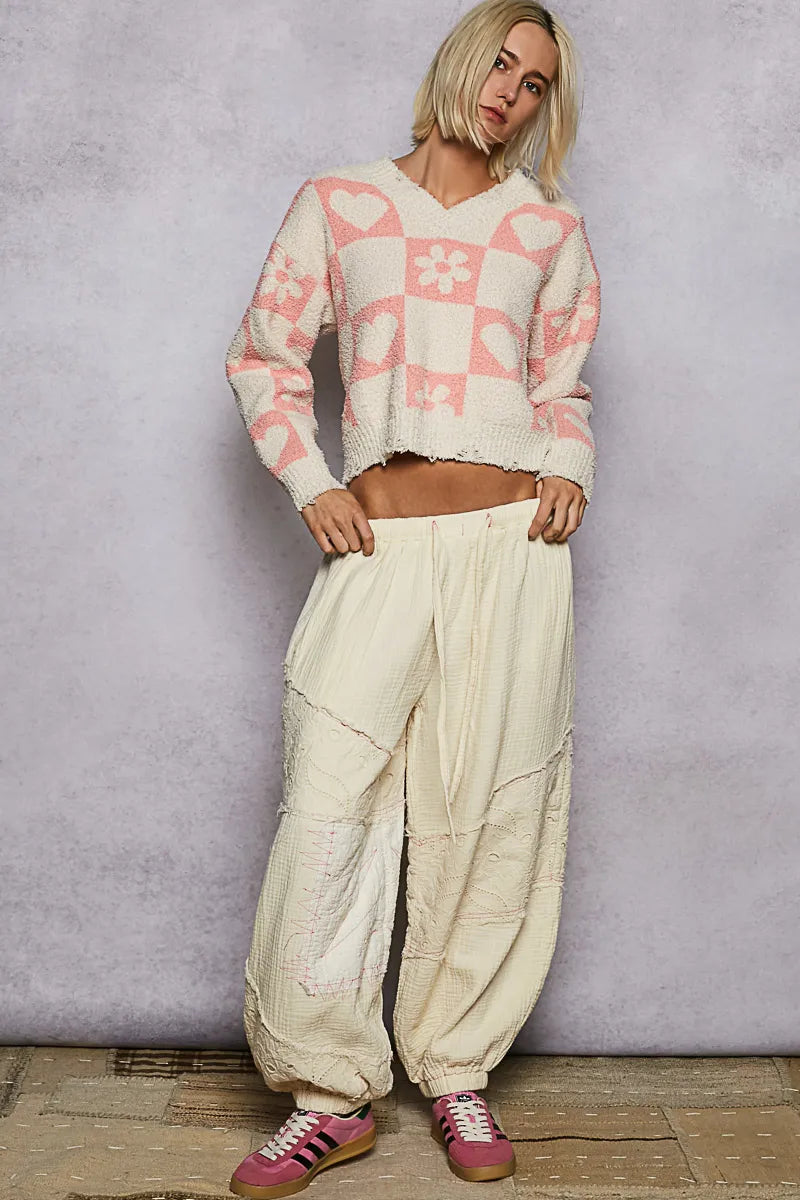 POL V-Neck Heart Pattern Checkered Sweater - Tigbul's Variety Fashion Shop