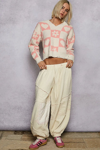 POL V-Neck Heart Pattern Checkered Sweater - Tigbul's Variety Fashion Shop