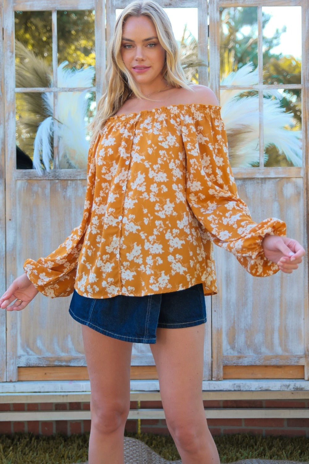 Hailey & Co Floral Off-Shoulder Balloon Sleeve Blouse - Tigbul's Variety Fashion Shop