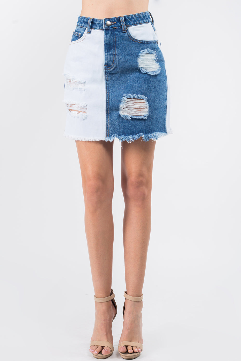 American Bazi Contrast Patched Frayed Denim Distressed Skirts - Tigbul's Variety Fashion Shop