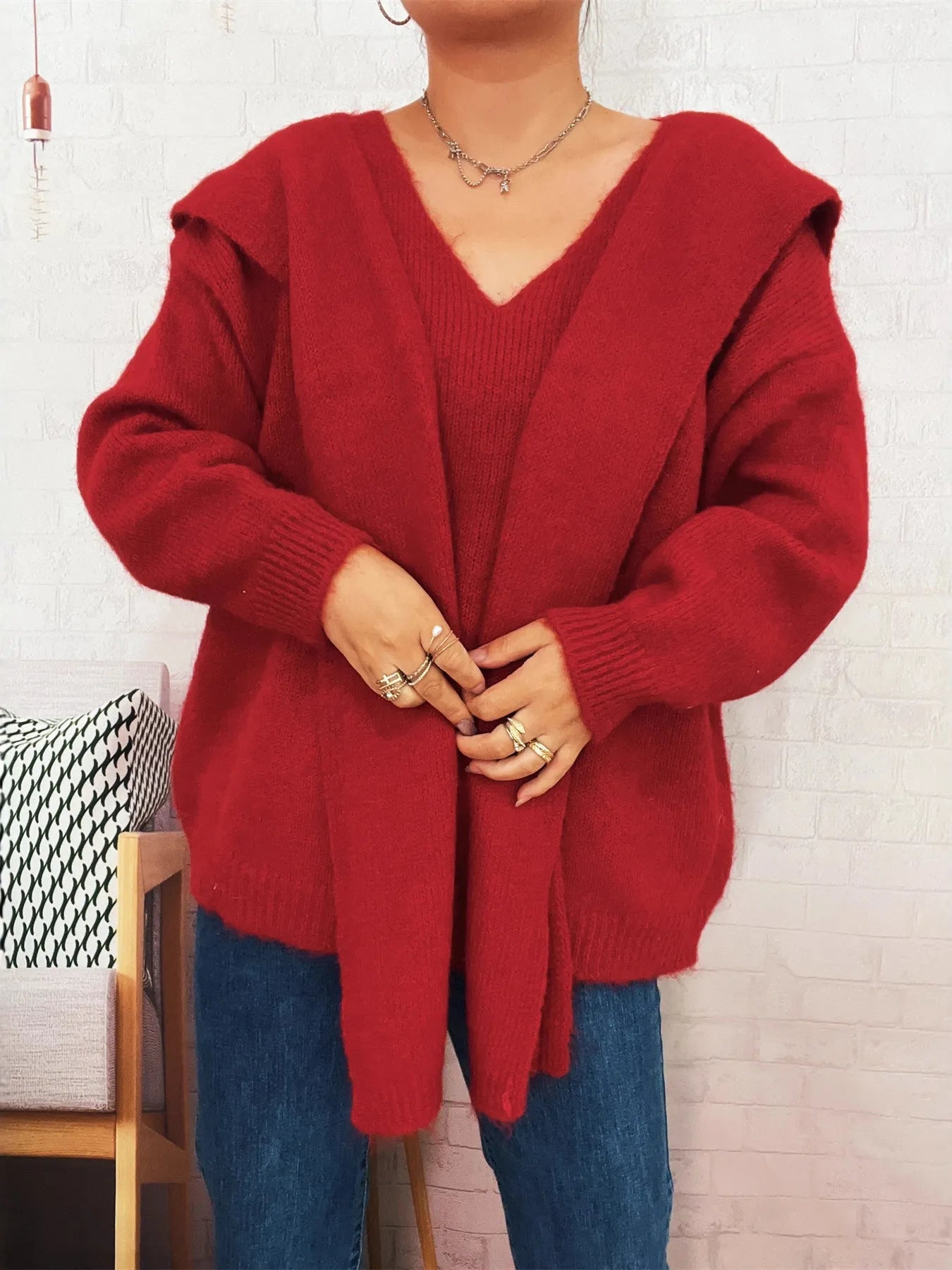 Ribbed Hem V-Neck Sweater with Shawl - Tigbul's Variety Fashion Shop