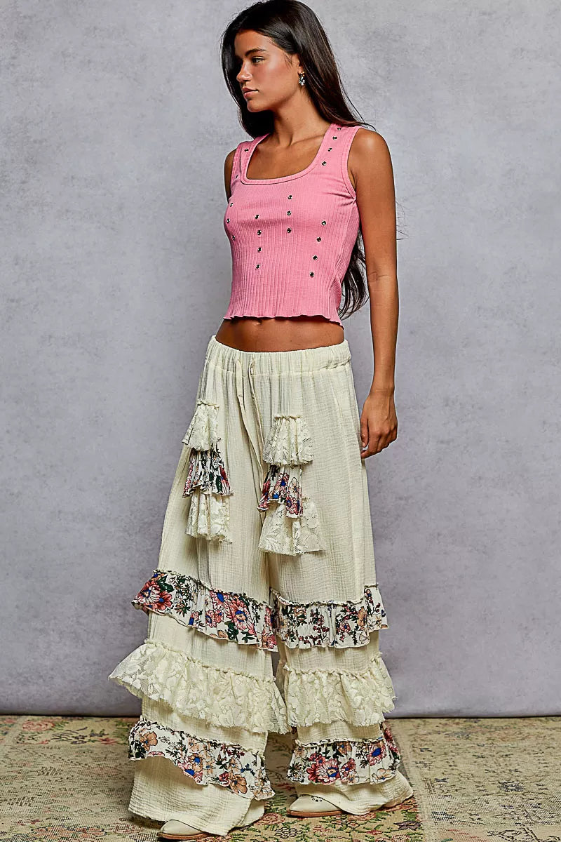 POL Drawstring Double Gauze Wide Leg Pants with Print and Lace Ruffle - Tigbul's Variety Fashion Shop