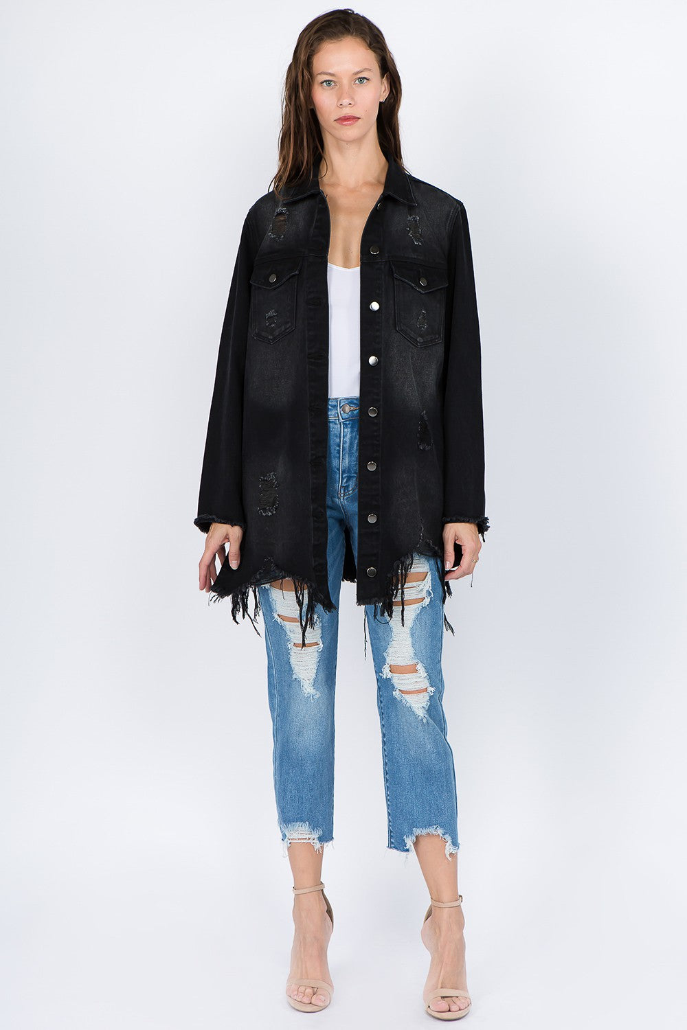 American Bazi Distressed Frayed Hem Denim Jacket - Tigbul's Variety Fashion Shop