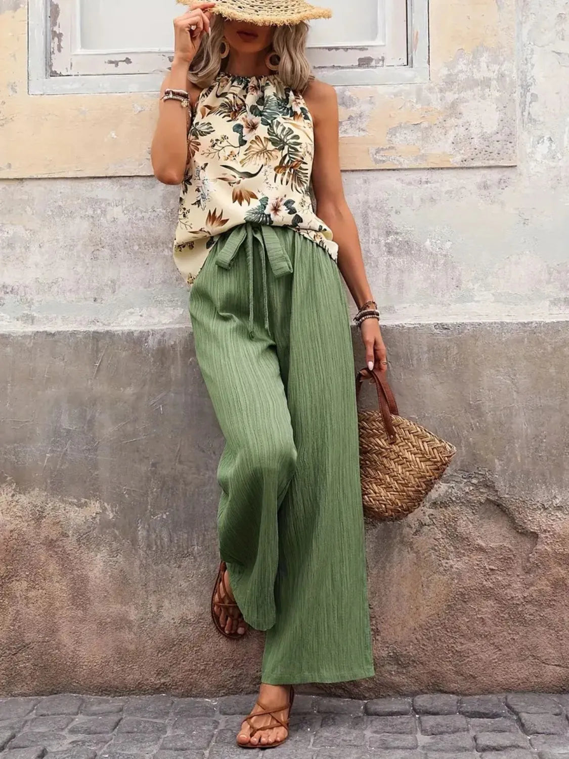Printed Tank Top and Wide Leg Pants Set - Tigbul's Variety Fashion Shop