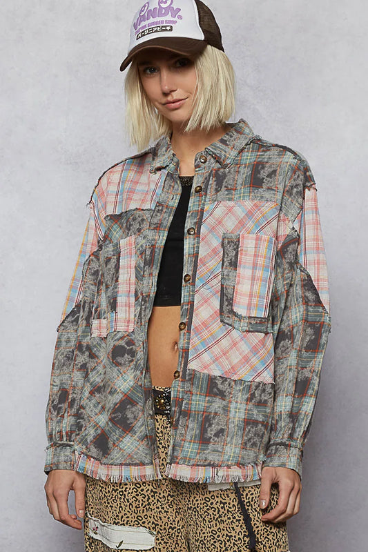 POL Plaid Patchwork Long Sleeve Shirt with Raw Edge Detail - Tigbul's Variety Fashion Shop