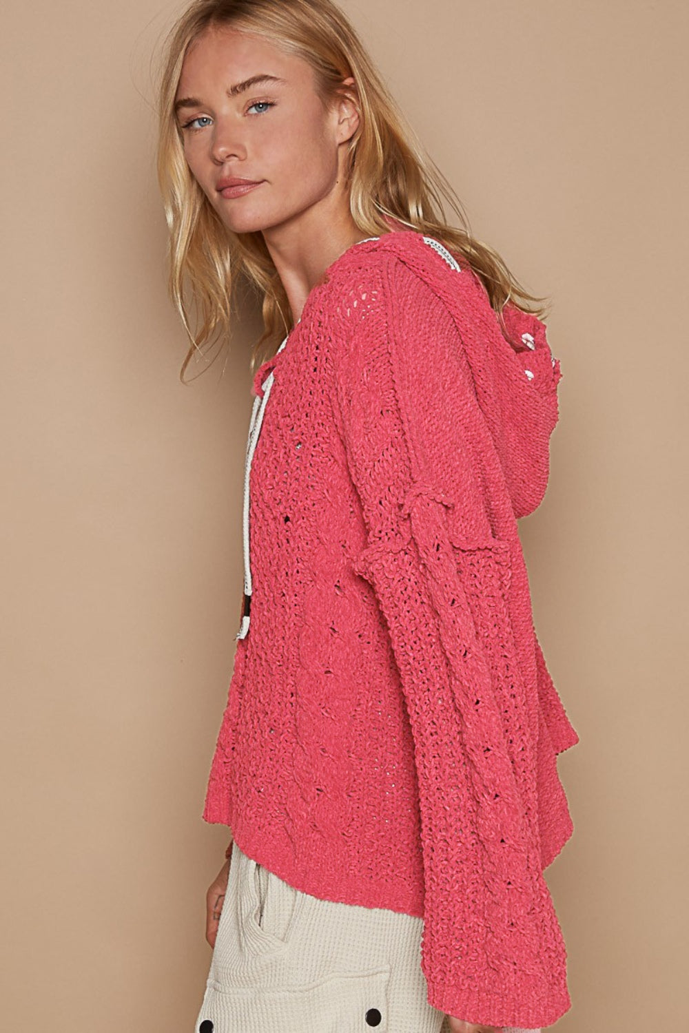 Cable Knit Hooded Fuchsia Chenille Sweater - Tigbul's Variety Fashion Shop