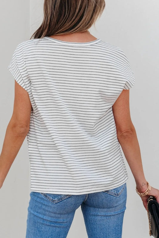Stripe Cap Sleeve Crew Neck Casual Tee with Chest Pocket - Tigbul's Variety Fashion Shop