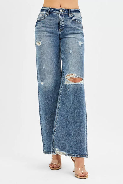 RISEN Tummy Control Mid Rise Fit Wide Jeans - Tigbul's Variety Fashion Shop