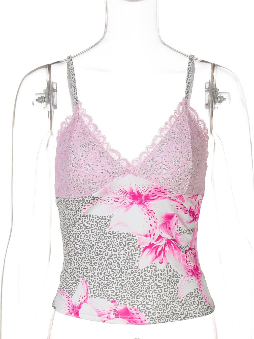 Lace leopard cami on mannequin with V-neck and pink floral accent over leopard