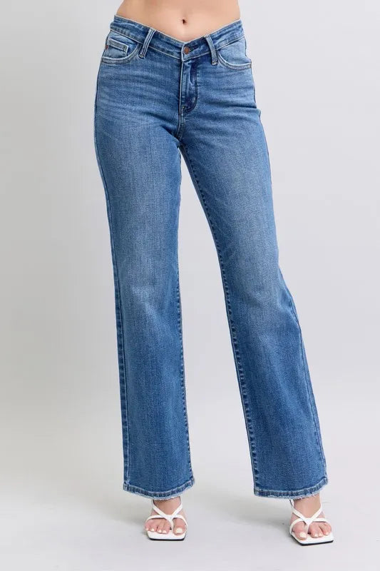Judy Blue Full Size High Waist V-Front Vintage Wash Straight Jeans Plus Size - Tigbul's Variety Fashion Shop