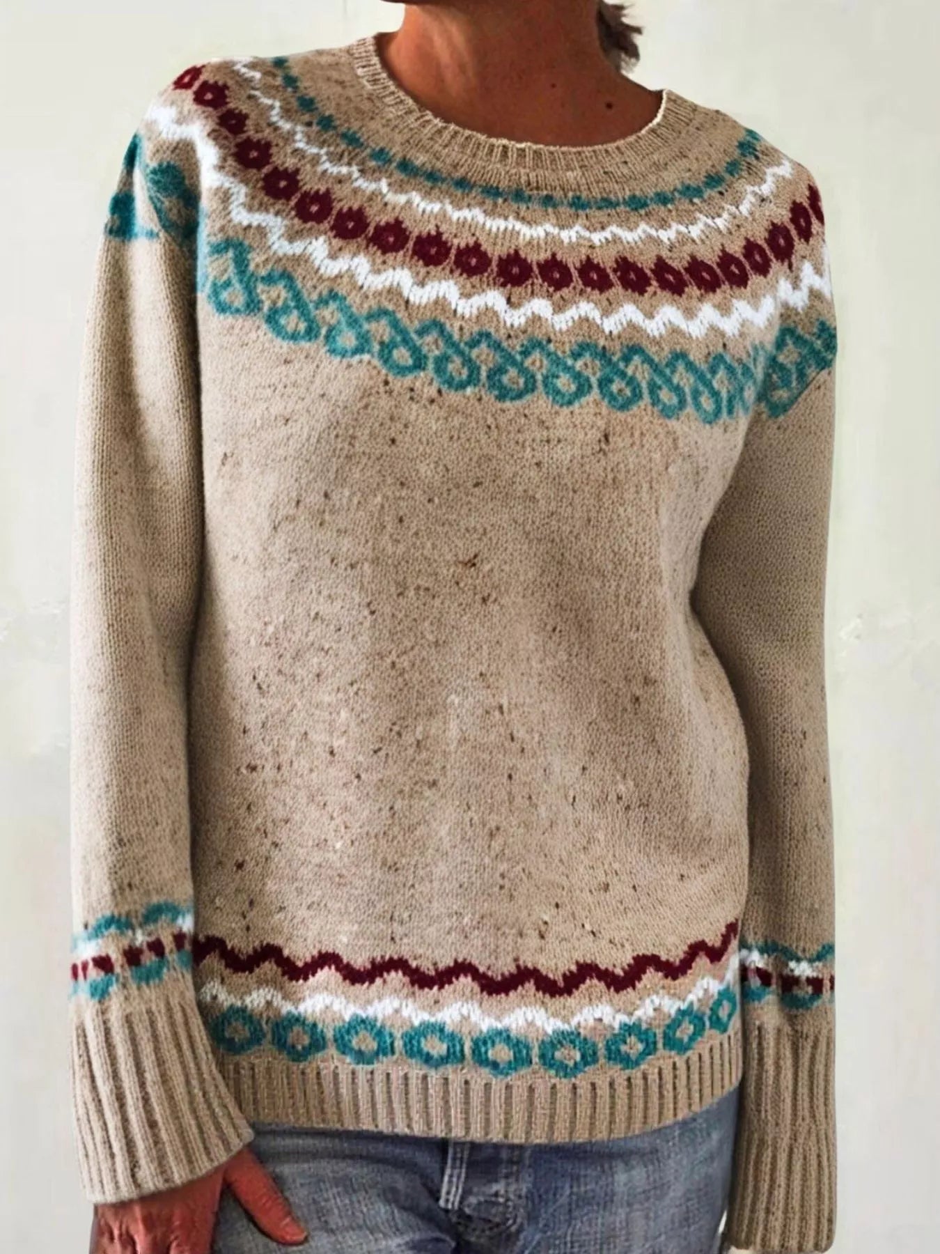 Full Size Vintage Patterned Round Neck Sweater Plus Size - Tigbul's Variety Fashion Shop