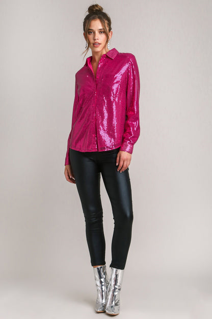 Umgee Sequin Long Sleeve Shirt with Side Chest Pocket - Tigbul's Variety Fashion Shop