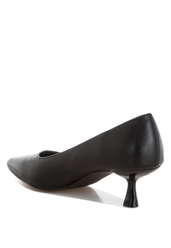 Black pointed-toe pump heels, side profile with sleek stiletto heel
