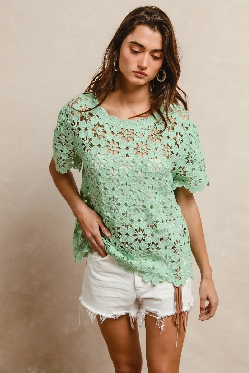 BiBi Openwork Crochet Short Sleeve Knit Top - Tigbul's Variety Fashion Shop