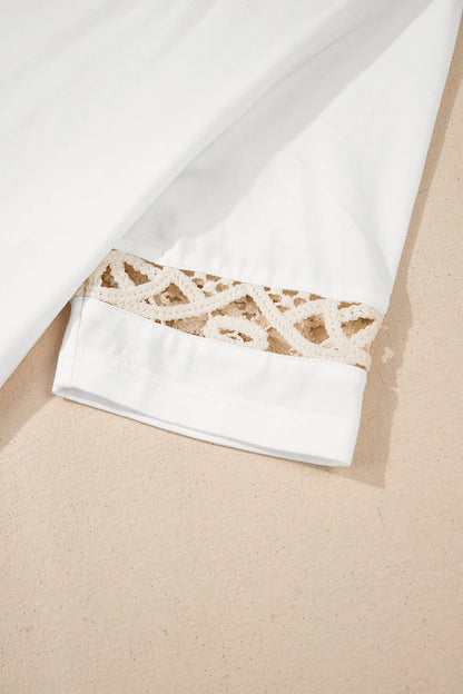 White Lace Crochet Crew Neck Casual T Shirt - Tigbul's Variety Fashion Shop