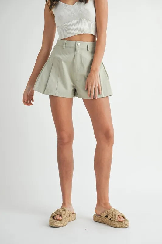 Green Pleated High Waist Twill Shorts - Tigbul's Variety Fashion Shop