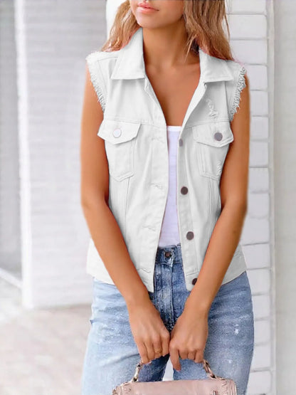 Full Size Sleeveless Frayed Denim Vest Jacket Plus Size - Tigbul's Variety Fashion Shop