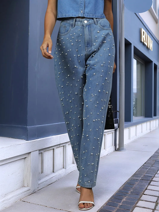 Pearl Detail Blue Jeans with Pockets - Tigbul's Variety Fashion Shop